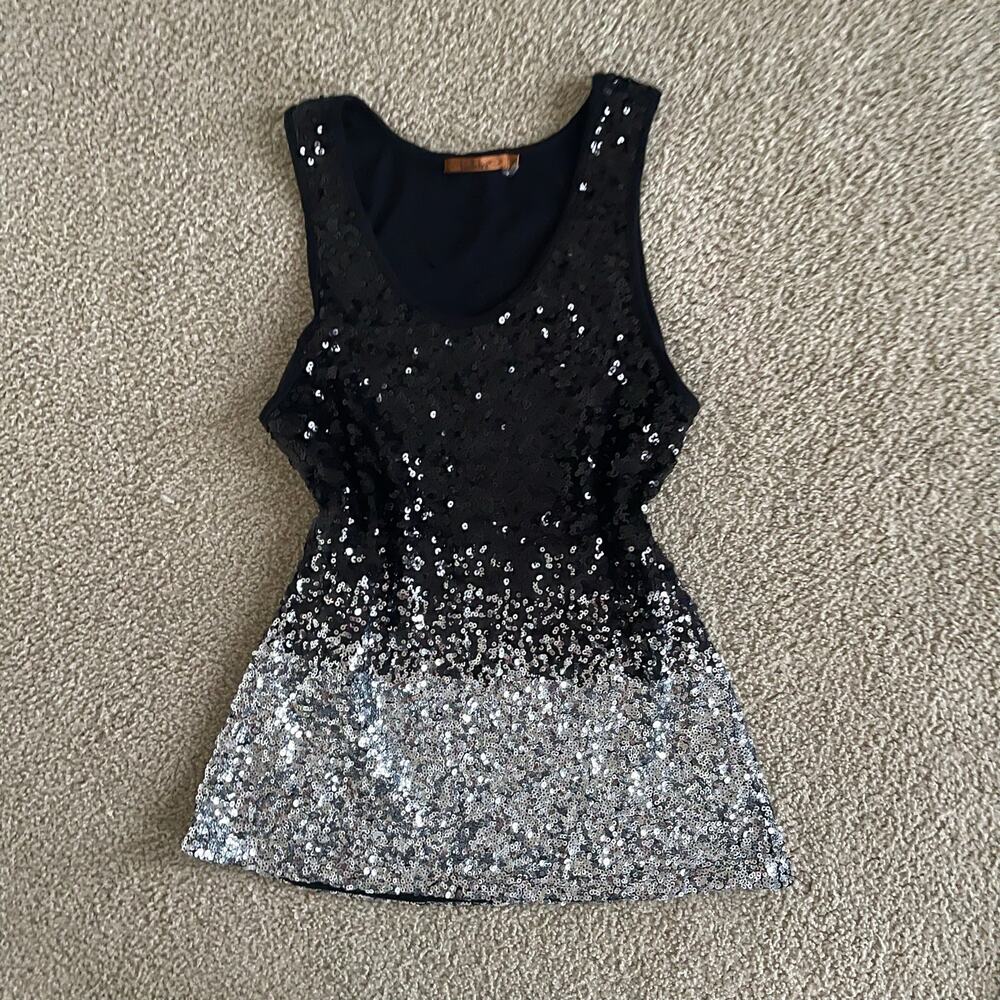Y2K SEQUIN RAVE BELLDINI BLACK/SILVER OMBRÉ EMBELLISHED TANK TOP - SIZE XL